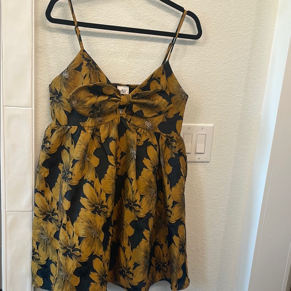 Floral Spaghetti Mini Dress - Black and Gold